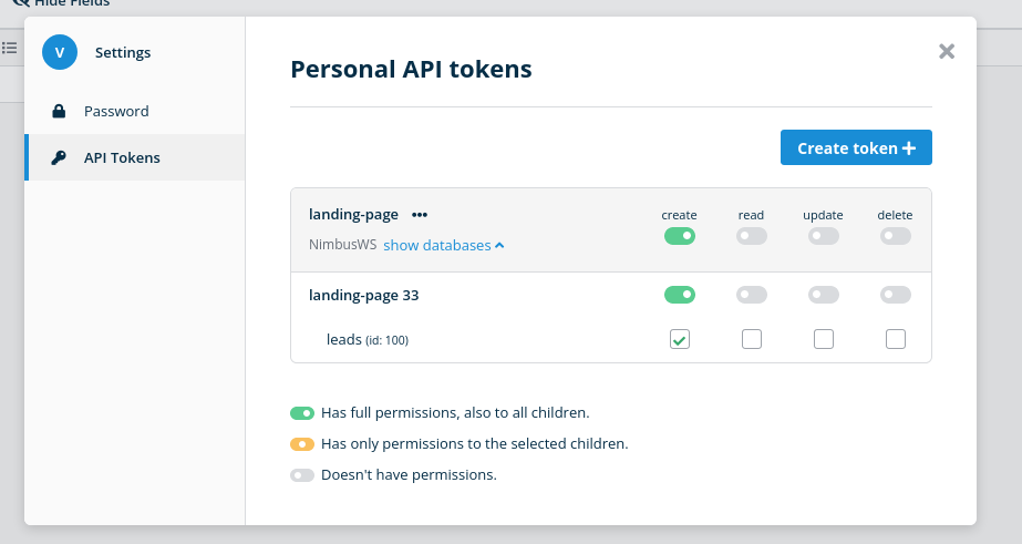 baserow API token after create
