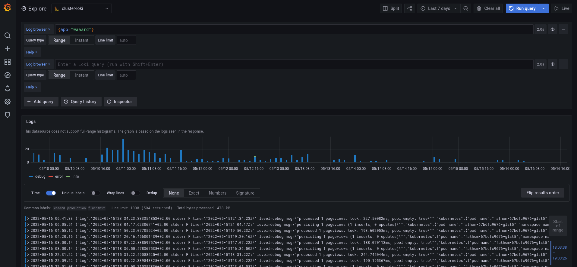 grafana explore page showing logs from an application